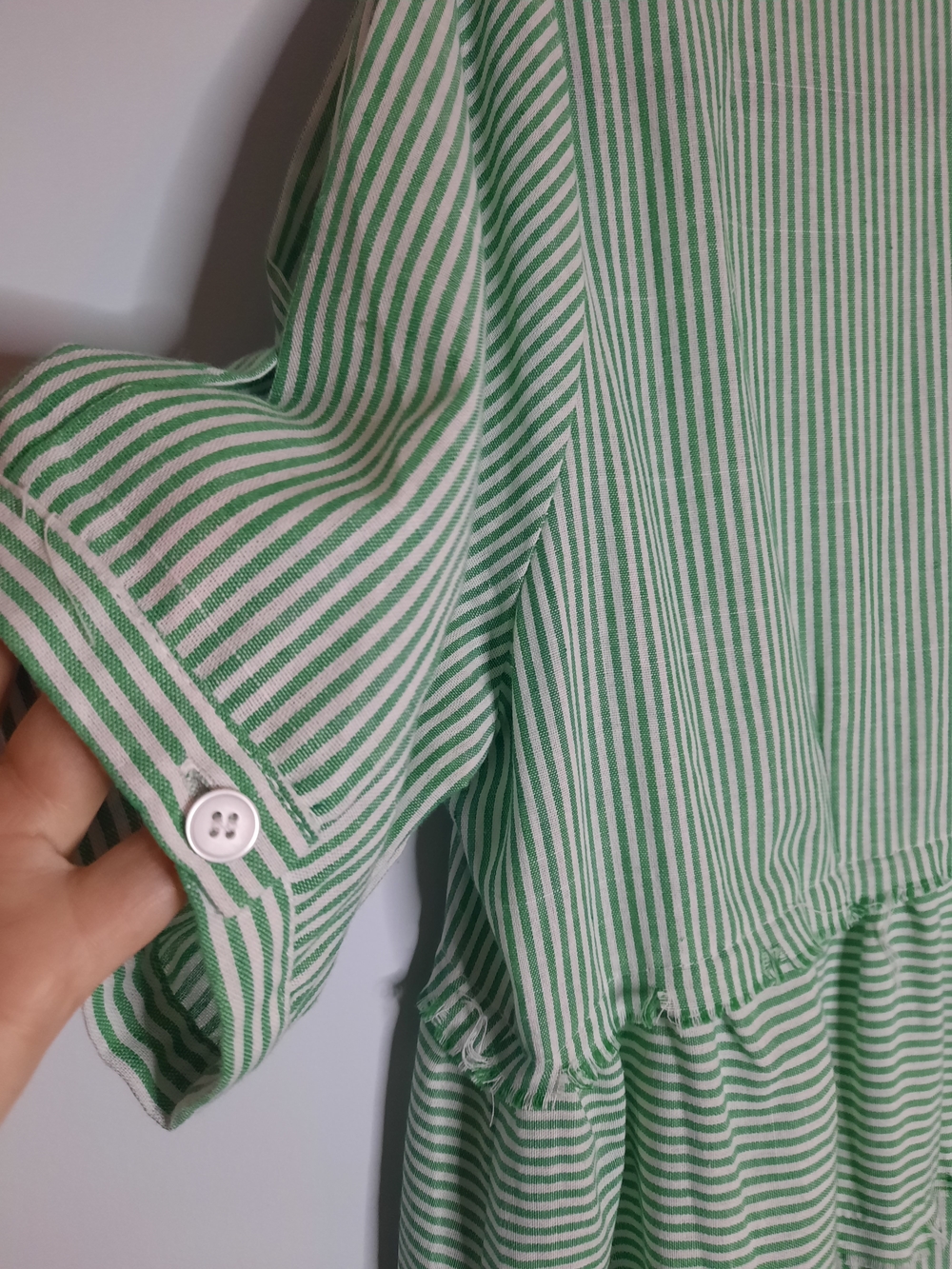 Umgee Sz XL, Mint Green Striped Tiered Midi Dress Raw Hem, Button Collared Style - Picture 6 of 6